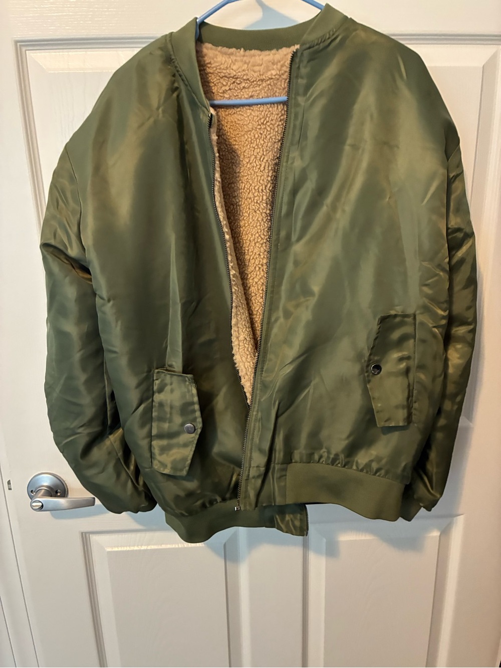 Forever 21 Olive Green Bomber Jacket with Tan Sherpa Lining